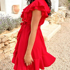 💖Women's Elegant Waist Tie V-Neck Ruffle Dress