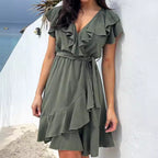 💖Women's Elegant Waist Tie V-Neck Ruffle Dress