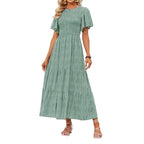 👗Women's Casual Floral Print Short Flutter Sleeve Smocked High Waist Flowy Maxi Dress