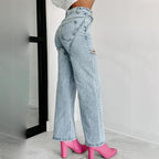 🎉Hot Sale🎉Women’s Rhinestone Ripped Straight-leg Jeans