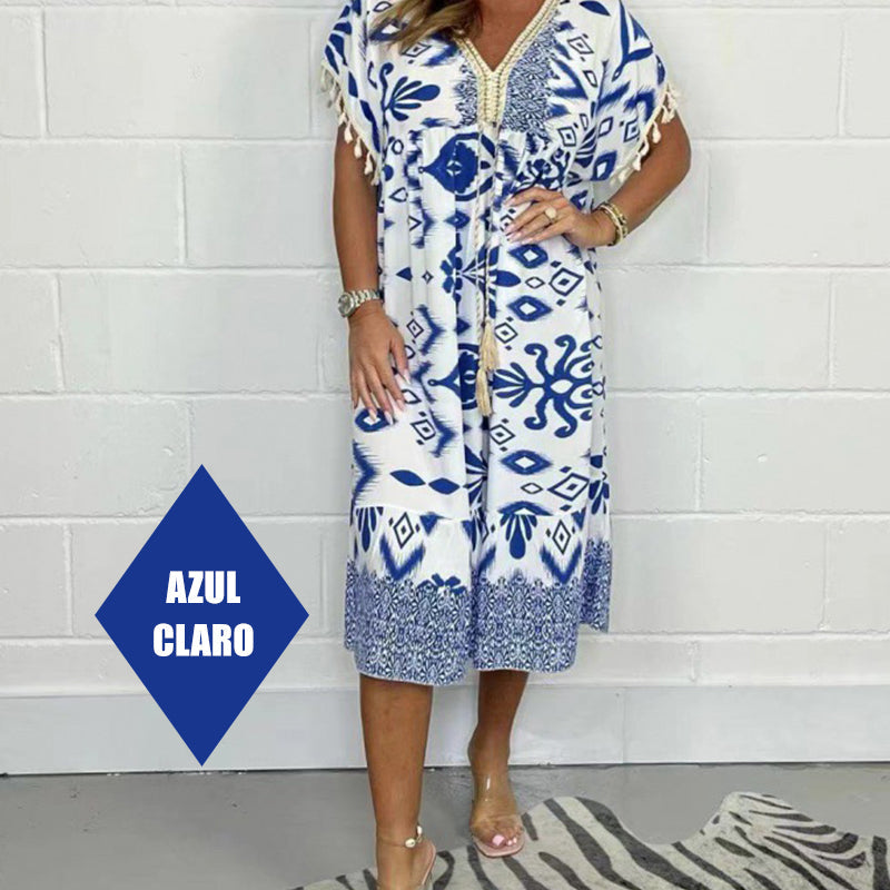 🌼Printed Casual Dress With V-Neckline and Fringes on the Short Sleeves