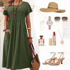 👗 Women’s Pleated Short-Sleeve Dress with Pockets – Soft Cotton-Linen Blend ☀️👜