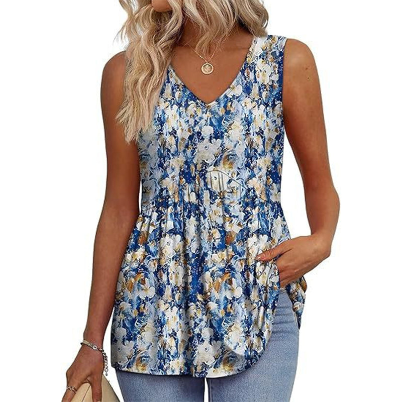 💜Women's Print Flowy Sleeveless V Neck Peplum Tank Tops
