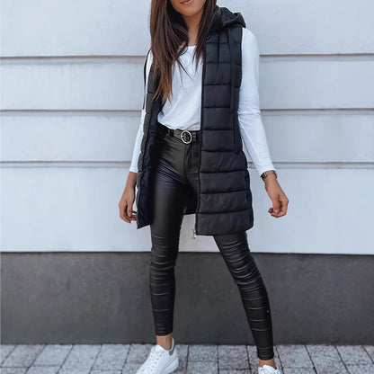 Women’s Zip-Up Long Puffer Vest👗 | Solid Color | Sleeveless | Hooded | Winter Wear 💕