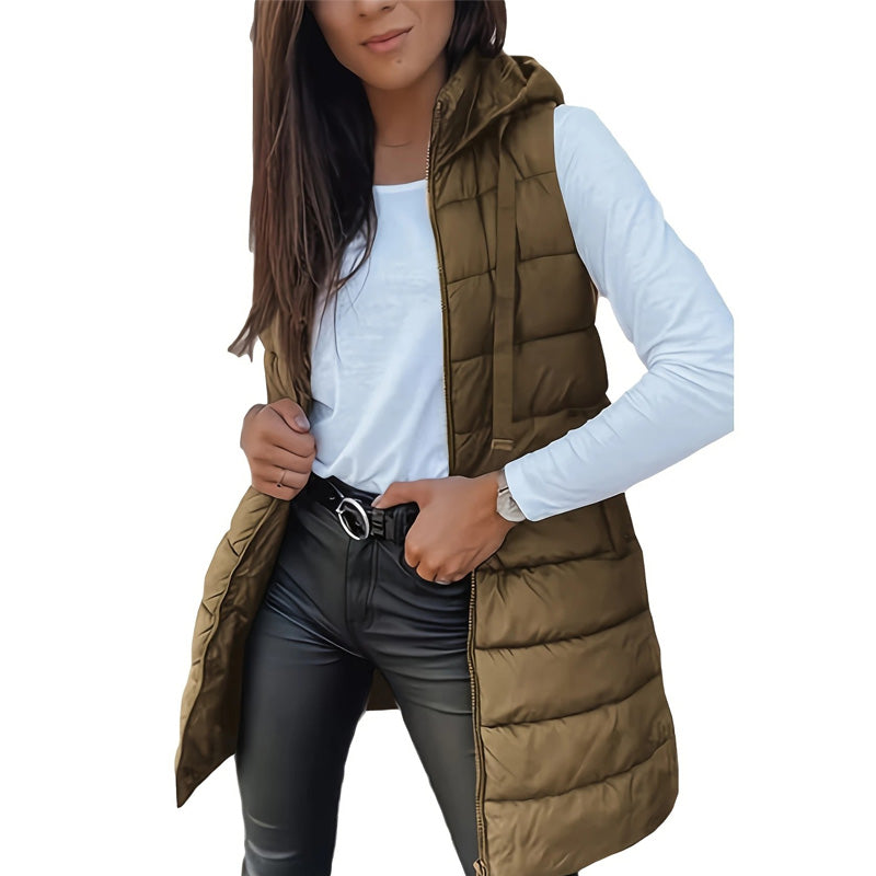 Women’s Zip-Up Long Puffer Vest👗 | Solid Color | Sleeveless | Hooded | Winter Wear 💕