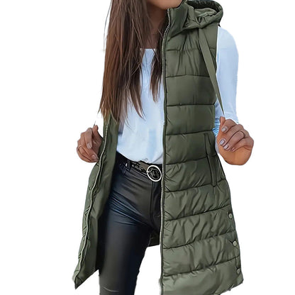 Women’s Zip-Up Long Puffer Vest👗 | Solid Color | Sleeveless | Hooded | Winter Wear 💕