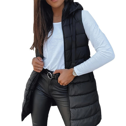 Women’s Zip-Up Long Puffer Vest👗 | Solid Color | Sleeveless | Hooded | Winter Wear 💕