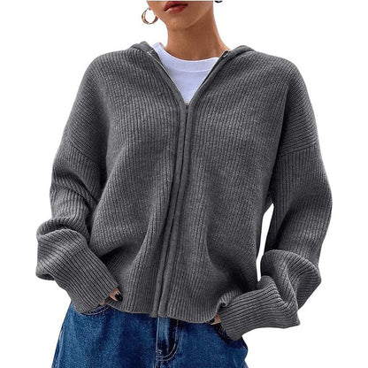 Women's Zip Up Hooded Knitted Cardigan