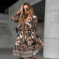 Elegant V-Neck Long-Sleeve Printed Dress