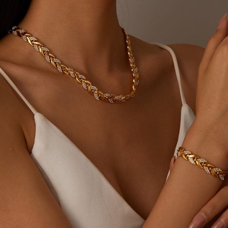 Adjustable Rhinestone Leaf Link Necklace & Bracelet Set