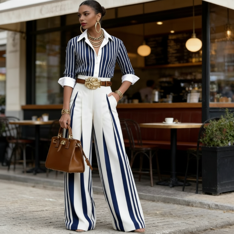 Women's Striped Shirt & Wide-Leg Pants 2-Piece Set
