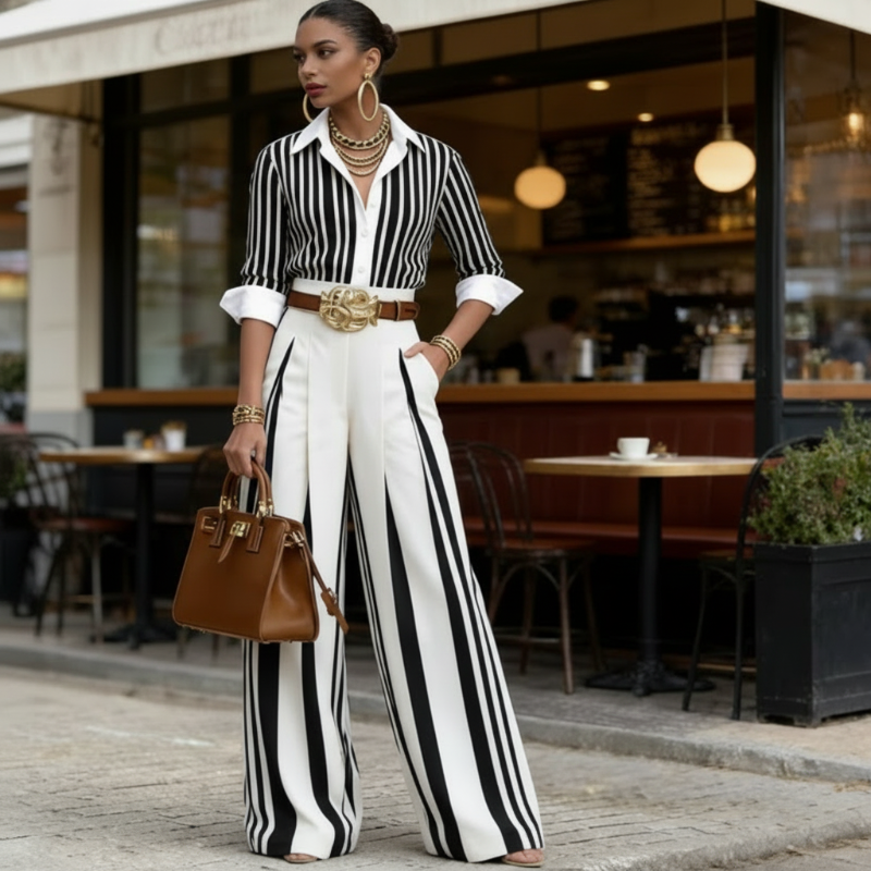 Women's Striped Shirt & Wide-Leg Pants 2-Piece Set