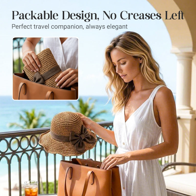 Straw Hat with Retro Bow – Foldable & Breathable for Summer