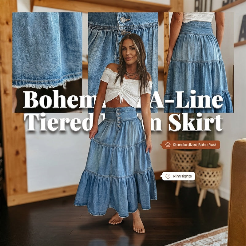 👗 Denim Maxi Skirt – High Waist, Tiered, A-Line, Button Front ✨