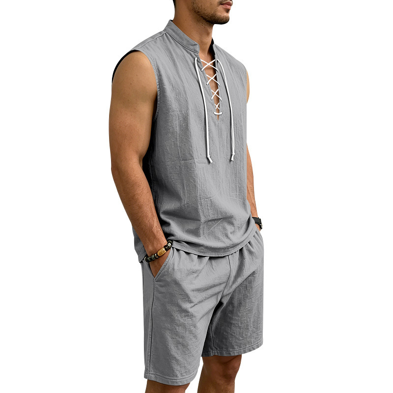 🧵 LIMITED-TIME ✨ Men's Linen Sleeveless Set – Top & Shorts, Lace-Up, 7 Colors ☀️