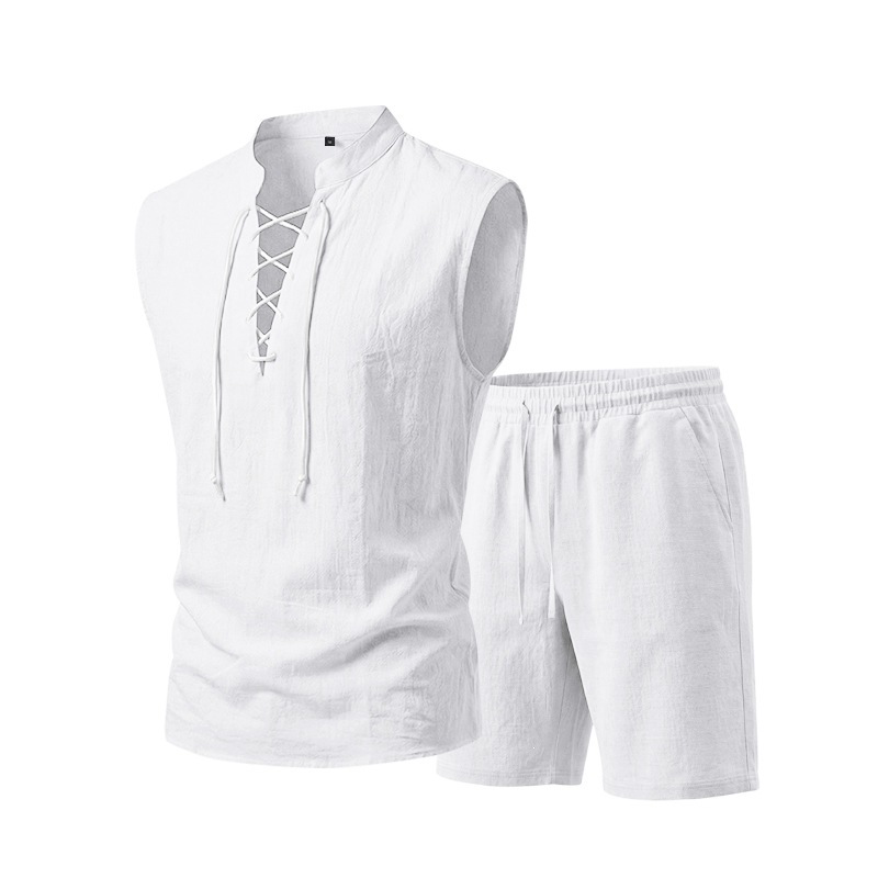 🧵 LIMITED-TIME ✨ Men's Linen Sleeveless Set – Top & Shorts, Lace-Up, 7 Colors ☀️