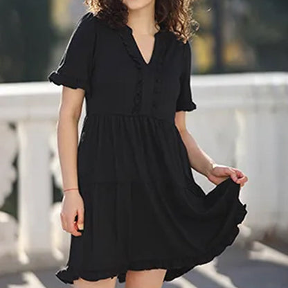 Women's Ruffle Trim V-Neck Tiered Dress