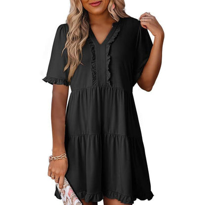Women's Ruffle Trim V-Neck Tiered Dress