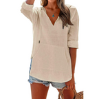 Women's Solid V-Neck Long Sleeve Hooded Top with Pocket