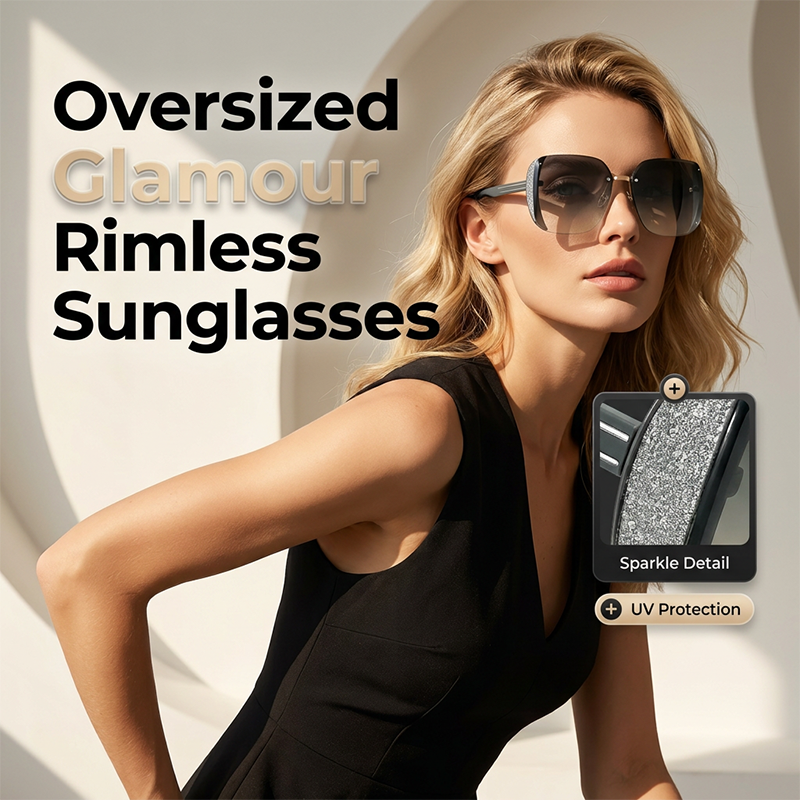Rimless Oversized Square Sunglasses – Gradient Lens, Glitter Details, UV Protection ✨