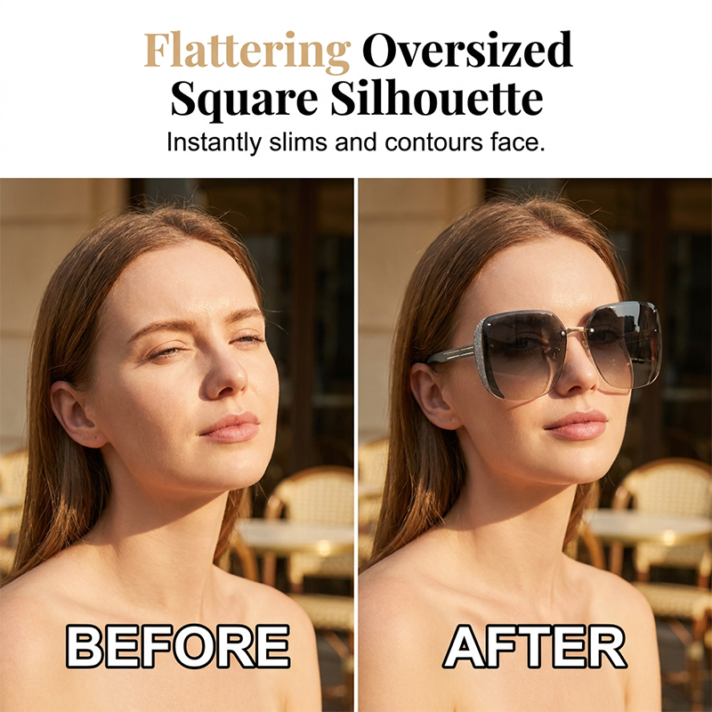 Rimless Oversized Square Sunglasses – Gradient Lens, Glitter Details, UV Protection ✨