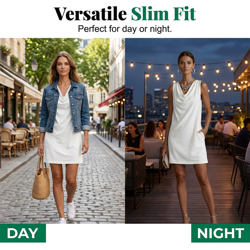 👗 Elegant Slim Fit Cowl Neck Dress – Sleeveless, Side Pockets, Versatile ✨