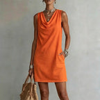 👗 Elegant Slim Fit Cowl Neck Dress – Sleeveless, Side Pockets, Versatile ✨