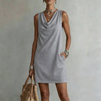 👗 Elegant Slim Fit Cowl Neck Dress – Sleeveless, Side Pockets, Versatile ✨