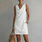 👗 Elegant Slim Fit Cowl Neck Dress – Sleeveless, Side Pockets, Versatile ✨