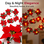 😍 🎄 Poinsettia Flower String Lights – 2M Warm LED Garland with Red Flowers & Holly Leaves