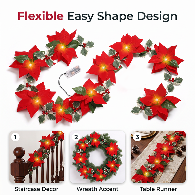 😍 🎄 Poinsettia Flower String Lights – 2M Warm LED Garland with Red Flowers & Holly Leaves