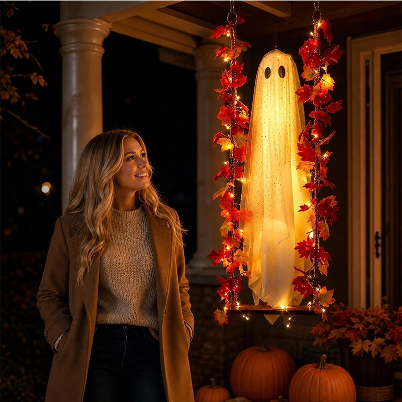 👻Hanging Halloween Ghost on Swing with Remote LED and Maple Leaves