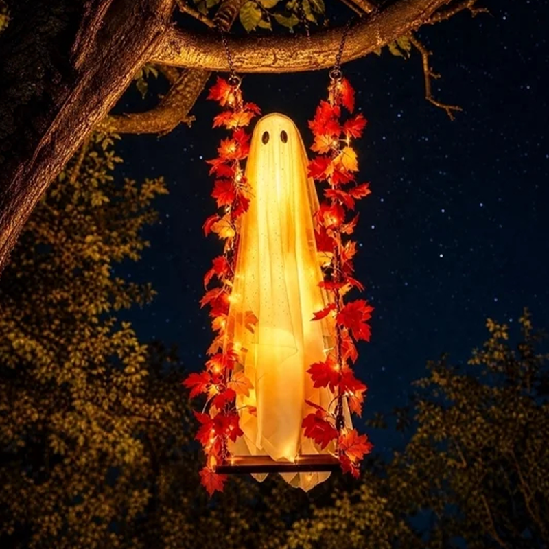 👻Hanging Halloween Ghost on Swing with Remote LED and Maple Leaves
