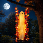 👻Hanging Halloween Ghost on Swing with Remote LED and Maple Leaves
