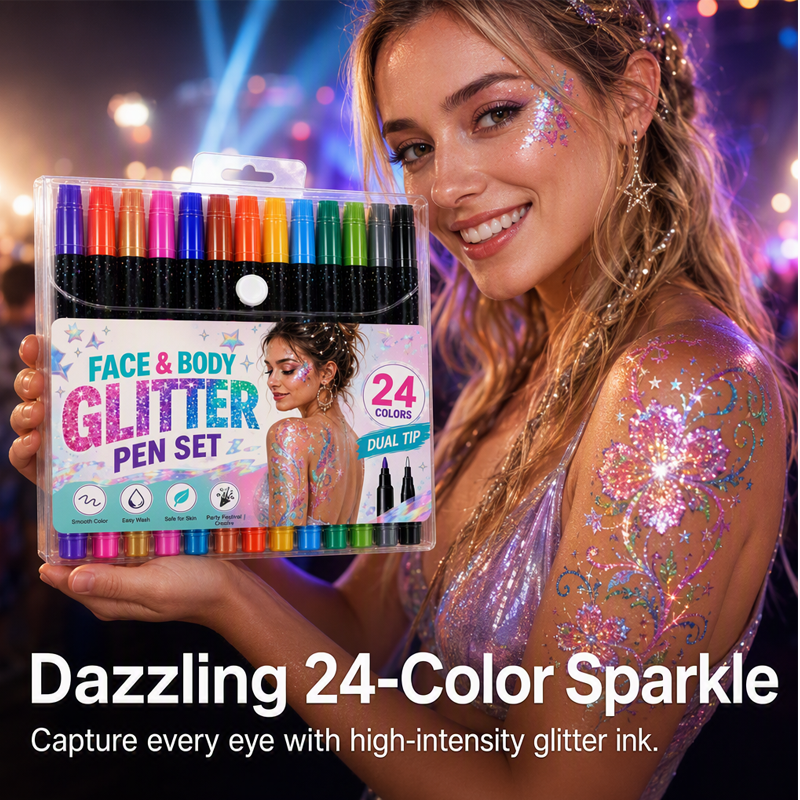 🔥50K+ SOLD!24-Color Face & Body Glitter Marker Set with Dual Tips