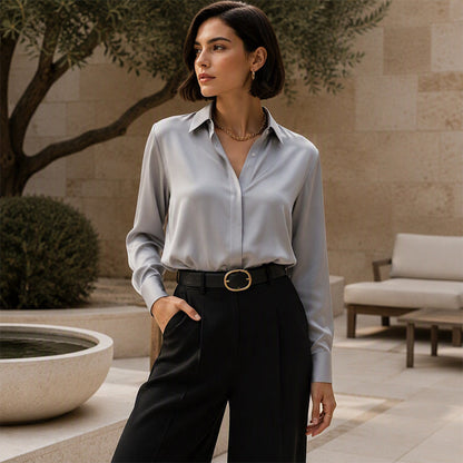 ✨ Silky Sheen, Elegant Everyday Drape | Women's Satin Button-Down Shirt