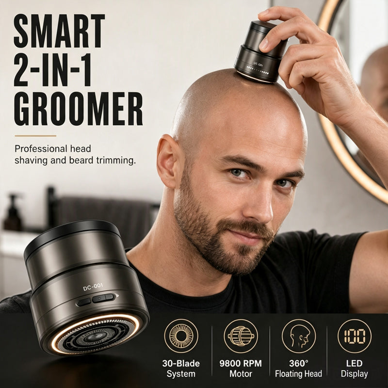 🪒2‑in‑1 Smart Electric Bald Head Shaver and Beard Trimmer with Digital Display, 30‑Blade Floating Head 9800RPM Motor, Rechargeable Groomer for Close Shave for Men