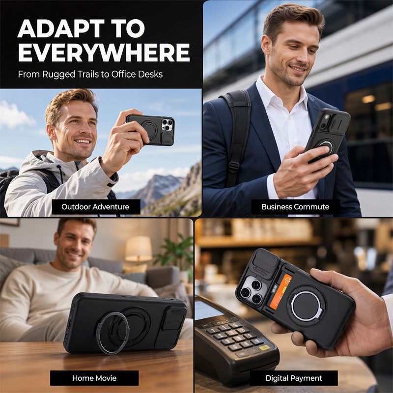 📱 Rugged Phone Case with Card Holder – Camera Slider & Kickstand