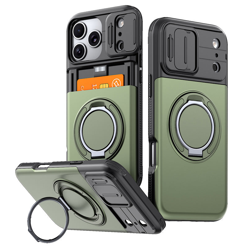📱 Rugged Phone Case with Card Holder – Camera Slider & Kickstand