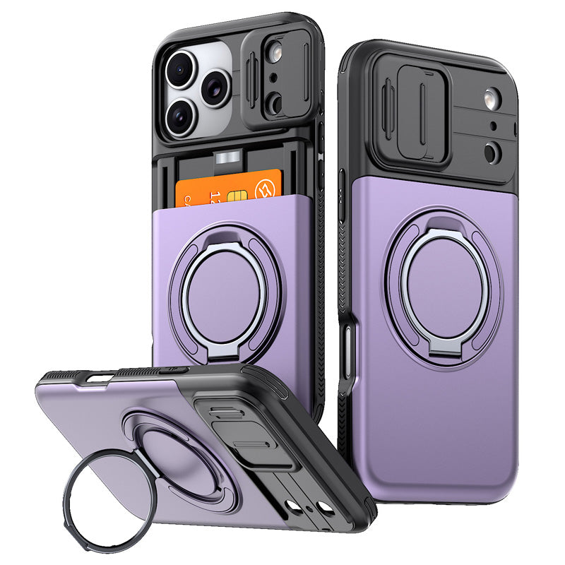 📱 Rugged Phone Case with Card Holder – Camera Slider & Kickstand