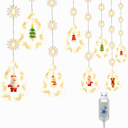 LED Christmas Icicle String Lights USB Powered Star and Christmas Tree Ring Hanging Lights for Holiday Window Decoration